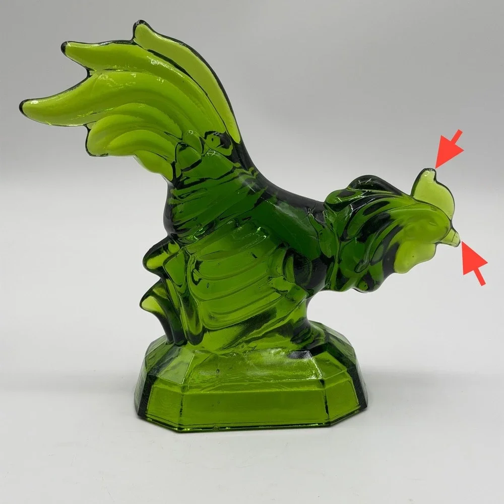 Vintage Green Pressed Glass Rooster Figurine Farmhouse Decor Octagonal Base NOTE